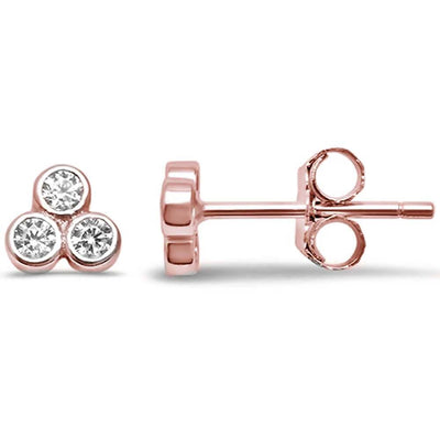 Sterling Silver Cute Rose Gold Plated CZ 3 Stone Stud Earrings