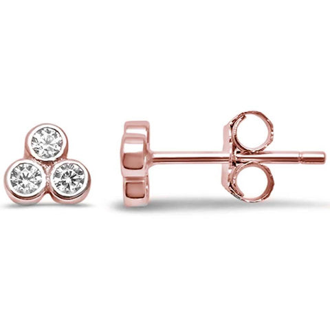 Sterling Silver Cute Rose Gold Plated CZ 3 Stone Stud Earrings