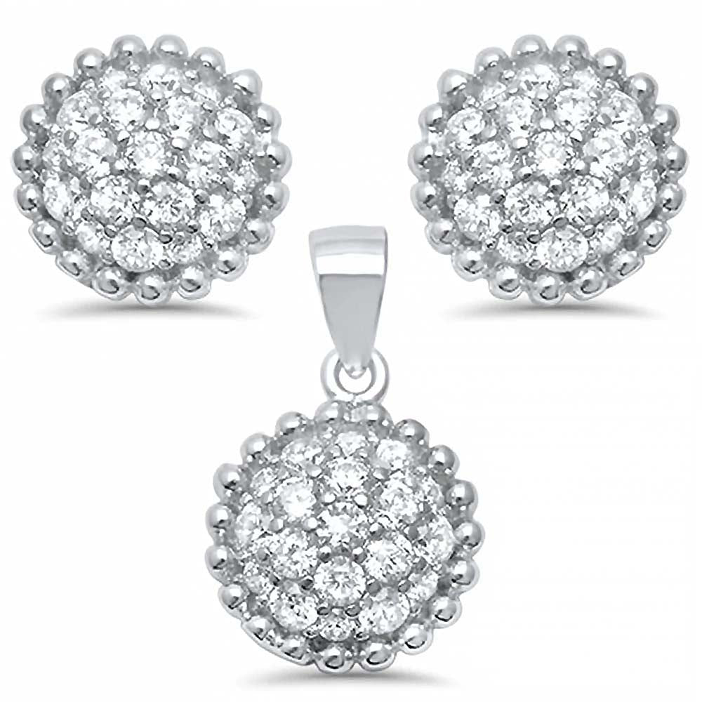 Sterling Silver Round Micro Pave Cz Earring And Pendant Set