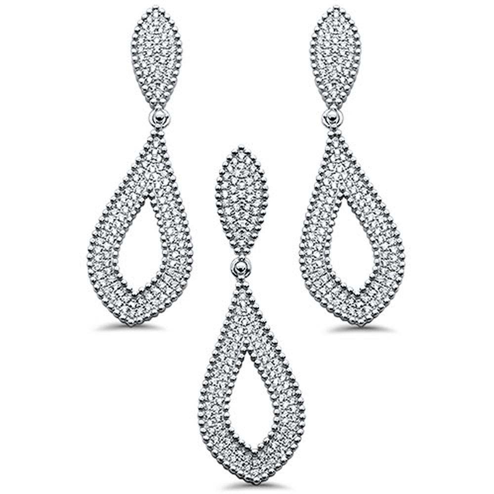 Sterling Silver Pave Cubic Zirconia Tear Drop Design Dangling Earring and Pendant set