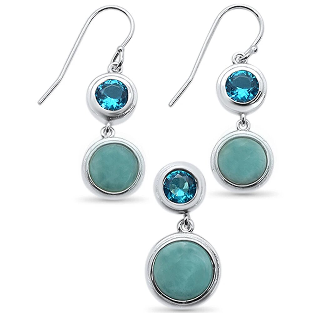 Sterling Silver Round Natural Larimar And Blue TopAz  Earrings And Pendant Set