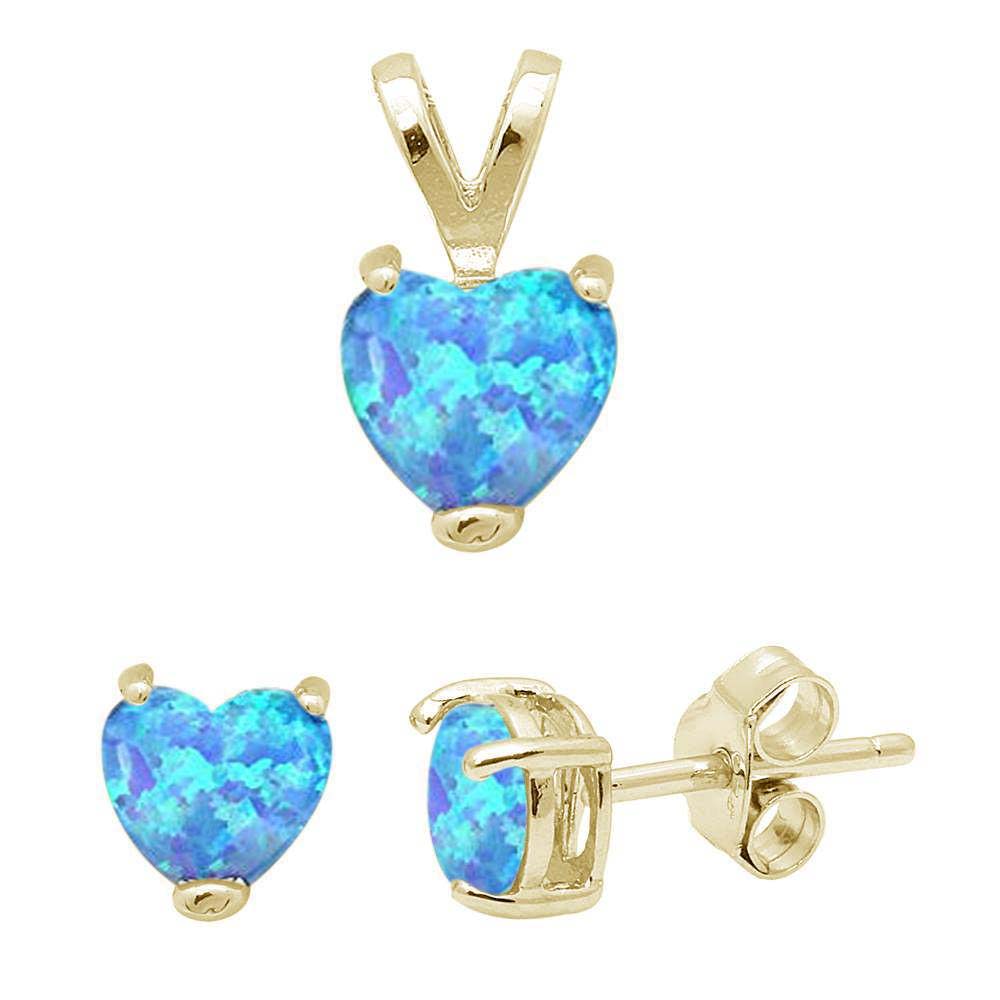 Sterling Silver Yellow Gold Plated Blue Opal Heart Earring and Pendant Set