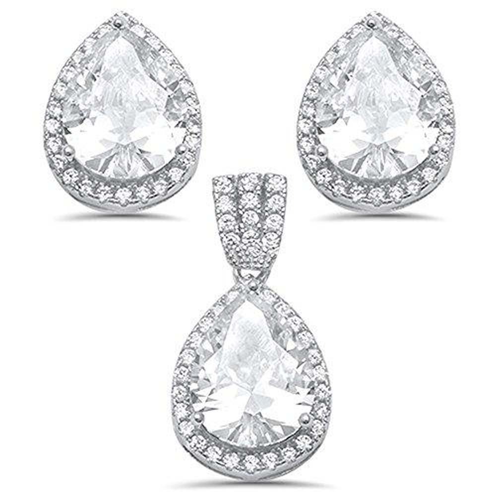 Sterling Silver Pear Shape Cubic Zirconia Pendant and Earring Set