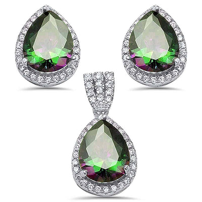 Sterling Silver Pear Shape Rainbow Topaz and Cubic Zirconia Pendant and Earring Set