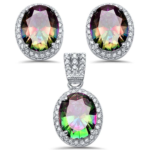 Sterling Silver Oval Rainbow Topaz and Cubic Zirconia Pendant and Earring Set