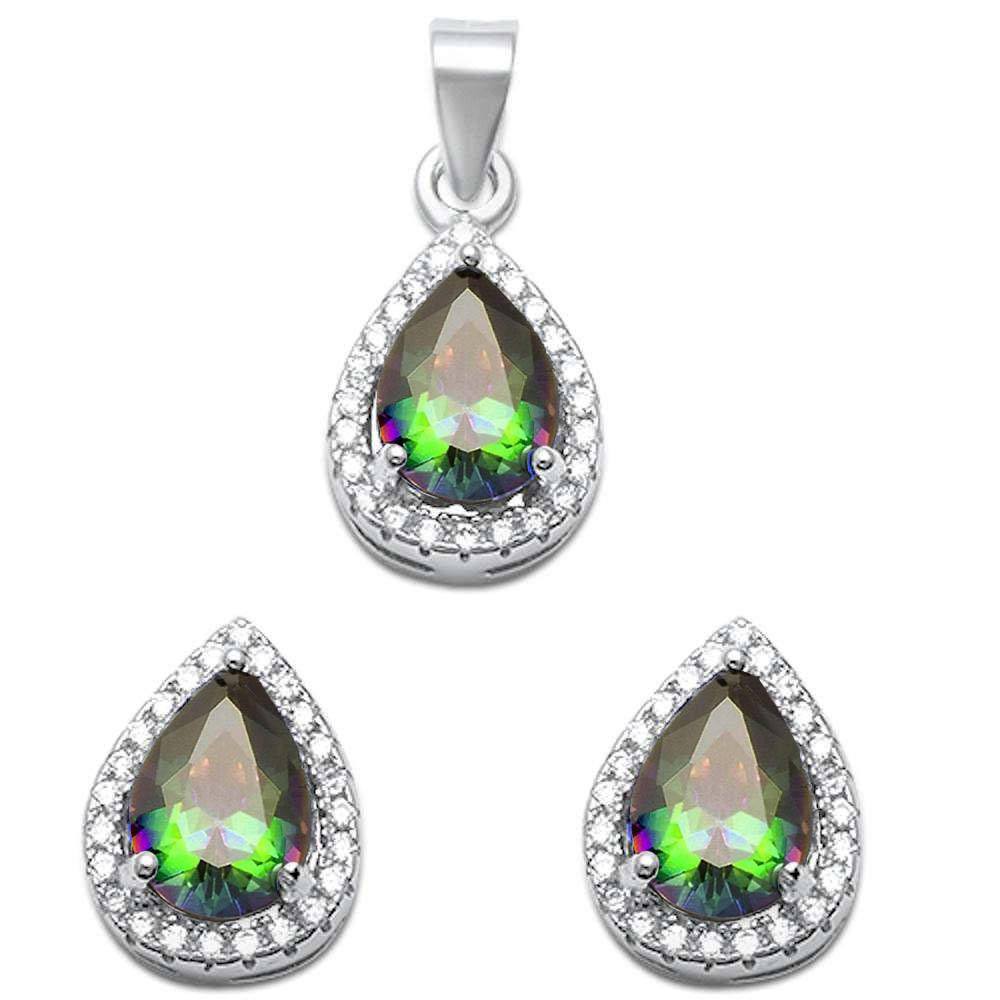 Sterling Silver 2.50ct Pear Cut Rainbow Topaz and Cz Pendant and Earring Set