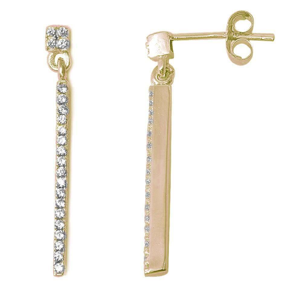Sterling Silver Yellow Gold Plated Dangle Style Cubic Zirconia Bar Earrings with CZ Stones
