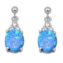 Load image into Gallery viewer, Sterling Silver Blue Opal and Cubic Zirconia Dangle Earrings with CZ Stones