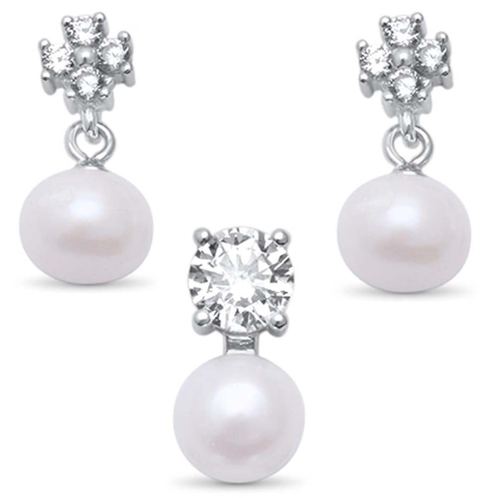 Sterling Silver Pearl and Round Cubic Zirconia .925  Earring and Pendant SetAnd Width 7mm