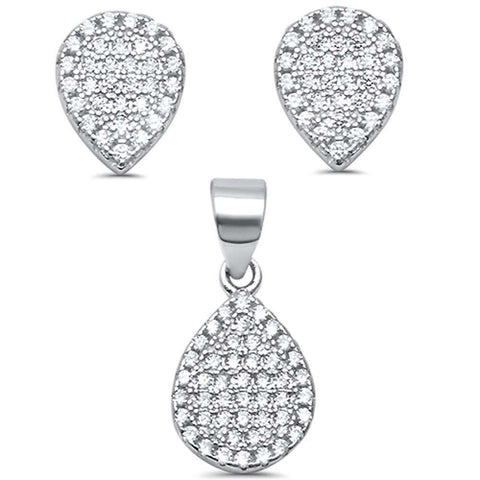 Sterling Silver Pear Tear drop Cubic Zirconia .925 Earrings And Pendant setAnd Width 9mmAnd Thickness 0.5 inches