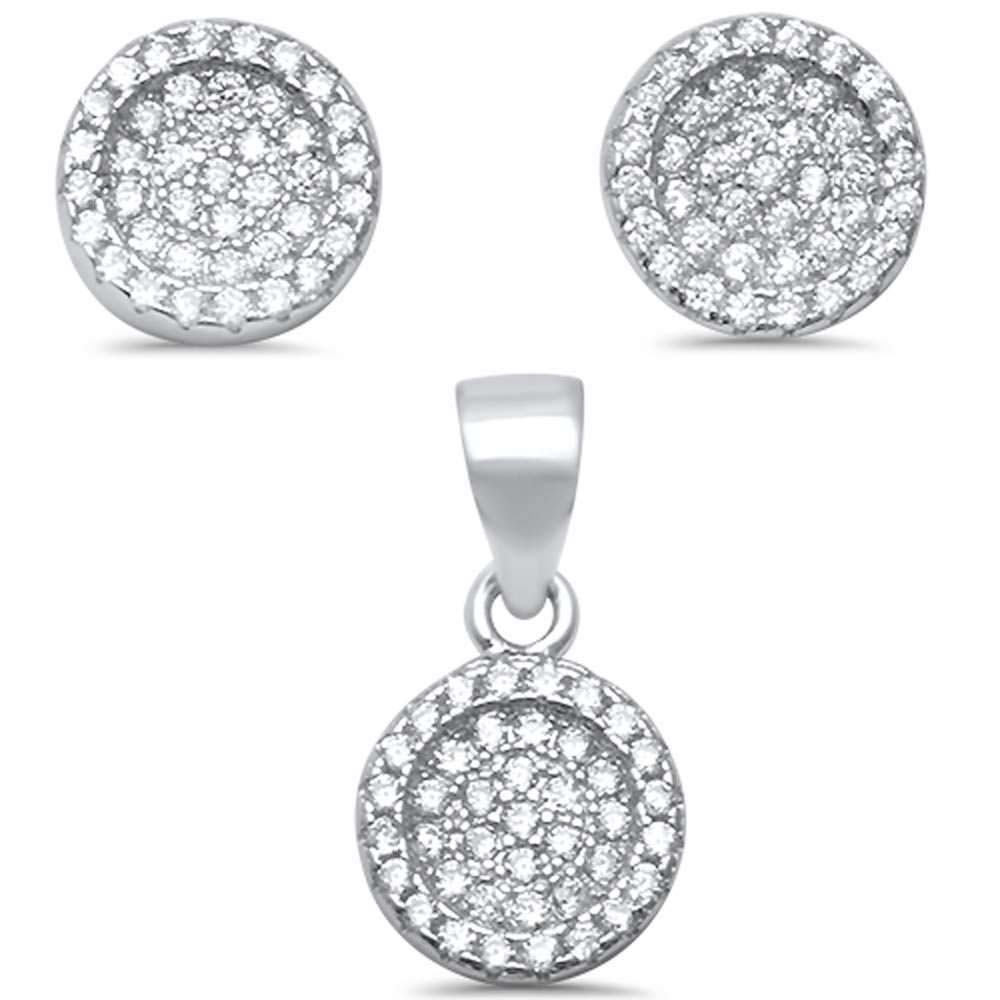 Sterling Silver Round Micro Pave Cubic Zirconia .925 Earrings And Pendant setAnd Width 8mm