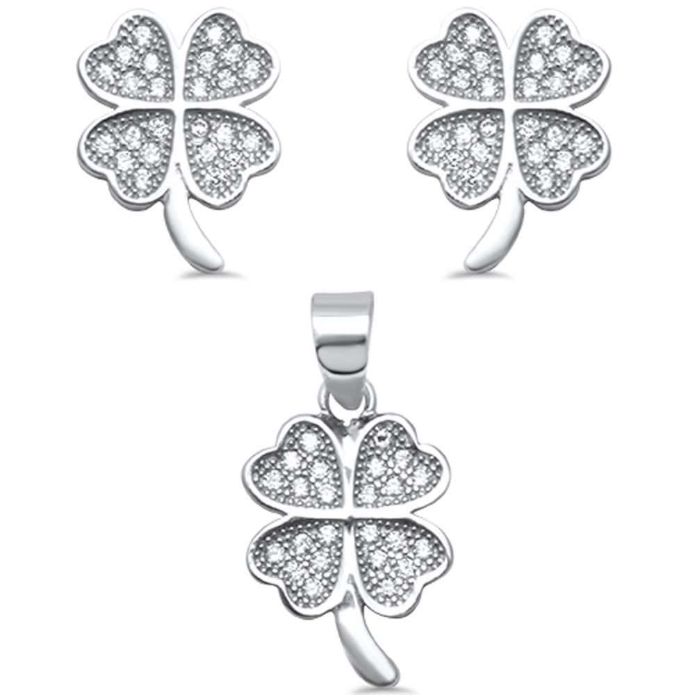 Sterling Silver 4 Leaf Clover Micro Pave .925 Earrings And Pendant setAnd Width 10mm