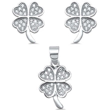 Load image into Gallery viewer, Sterling Silver 4 Leaf Clover Micro Pave .925 Earrings And Pendant setAnd Width 10mm