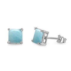 Sterling Silver Princess Cut Natural Larimar Stud Earrings