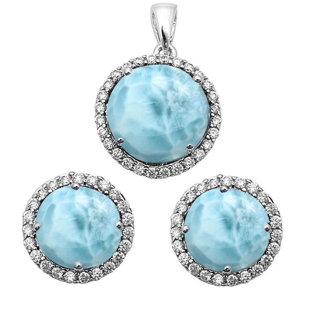 Sterling Silver Halo Natural Larimar Cubic Zirconia Earrings And Pendant Set