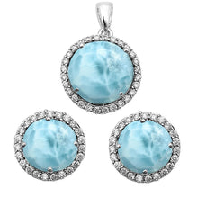 Load image into Gallery viewer, Sterling Silver Halo Natural Larimar Cubic Zirconia Earrings And Pendant Set