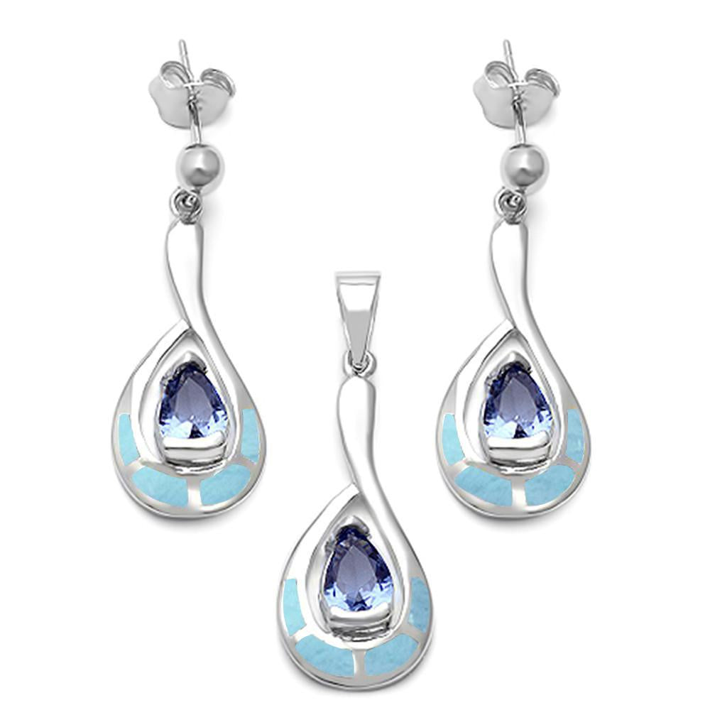 Sterling Silver Natural Larimar And Tanzanite Earrings And Pendant Set