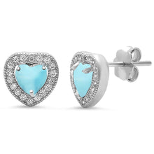 Load image into Gallery viewer, Sterling Silver Natural Larimar And Pave CZ Heart Earrings