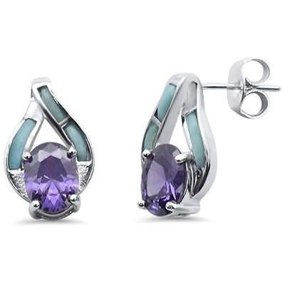 Sterling Silver Elegant Oval Larimar And Amethyst Earrings