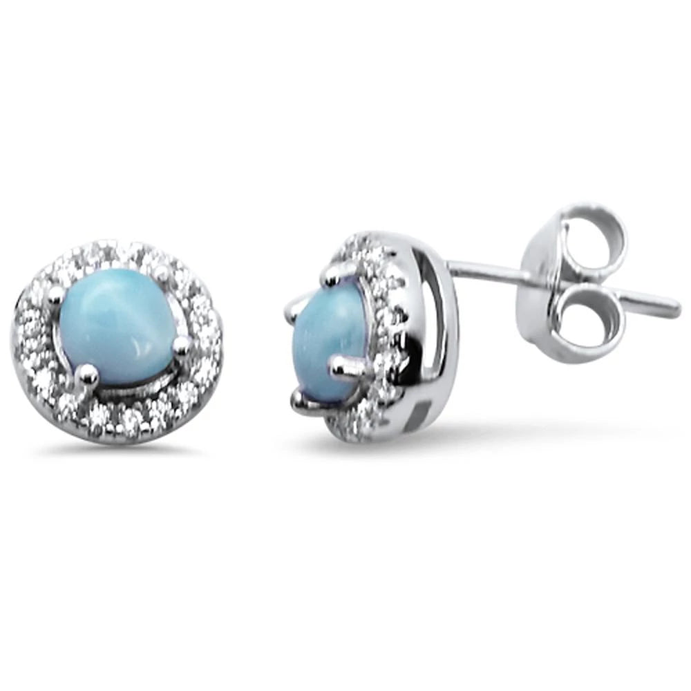 Sterling Silver Halo Round Natural Larimar Earrings