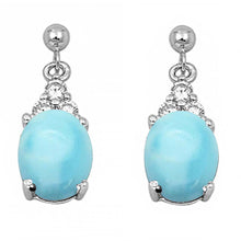 Load image into Gallery viewer, Sterling Silver Dangling Oval Natural Larimar And Clear CZ Earrings