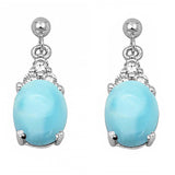 Sterling Silver Dangling Oval Natural Larimar And Clear CZ Earrings