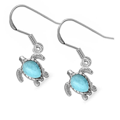 Sterling Silver Nice Natural Larimar Turtle Drop Dangle Earrings