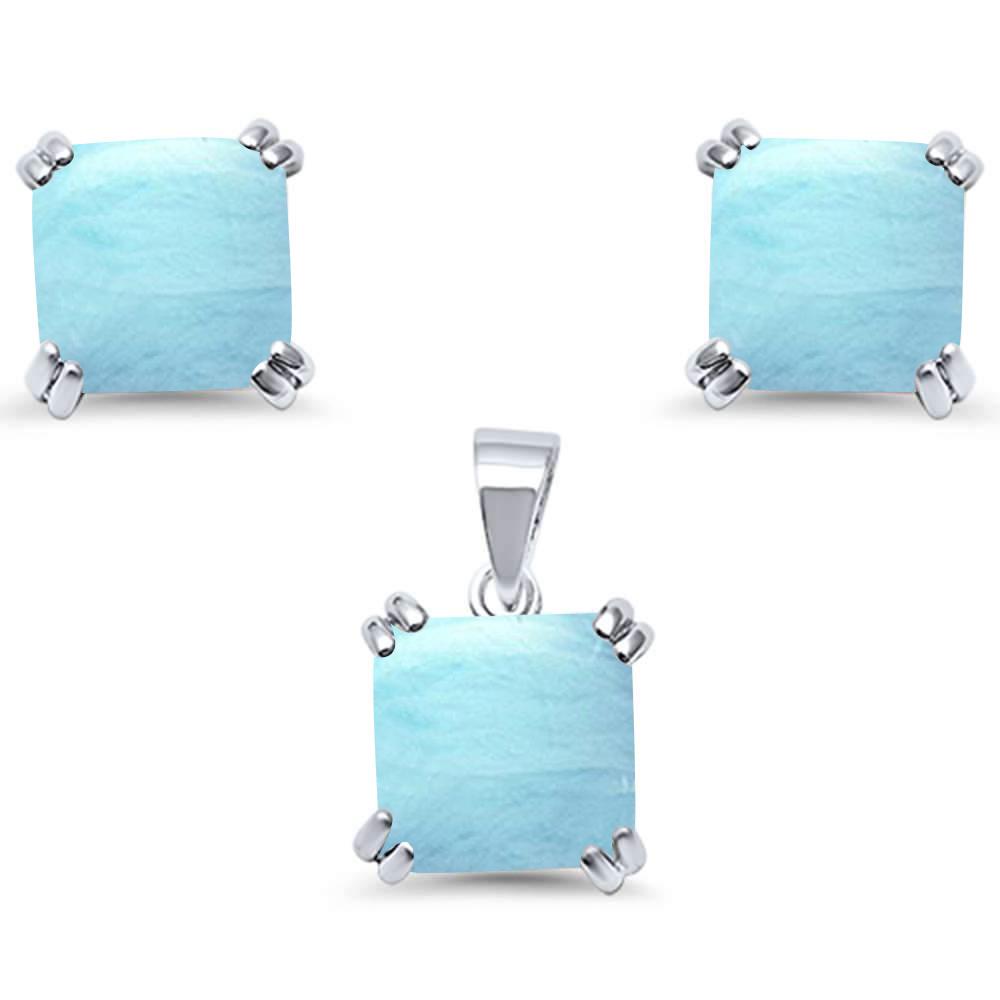 Sterling Silver Natural Larimar Cushion Cut Earring And Pendant Set