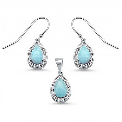 Sterling Silver Pear Shape Natural Larimar Clear CZ Earring And Pendant Set
