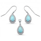 Sterling Silver Pear Shape Natural Larimar Clear CZ Earring And Pendant Set
