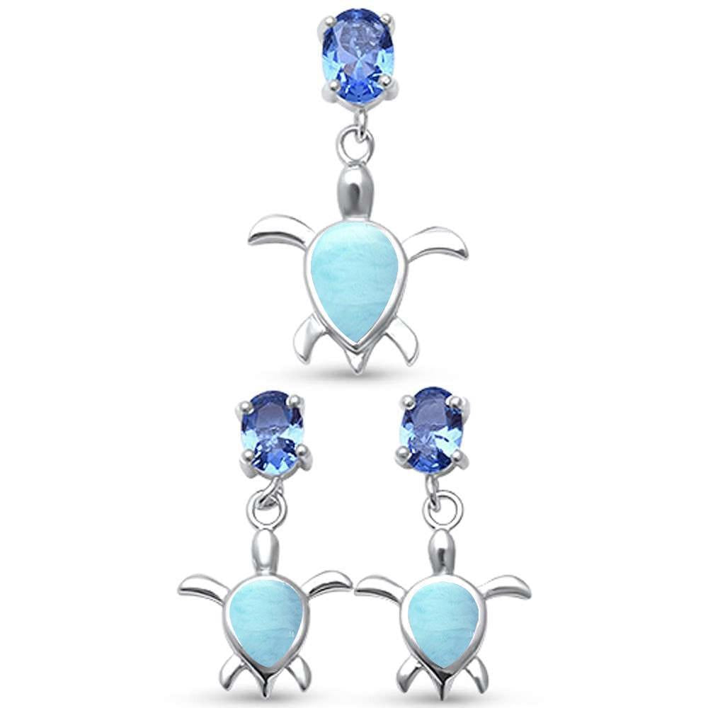 Sterling Silver Natural Larimar Turtle And Tanzanite Cubic Zirconia Earring And Pendant Set