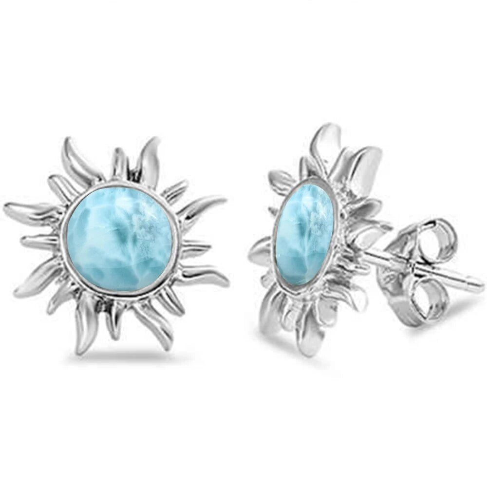 Sterling Silver Natural Larimar Sun Earrings