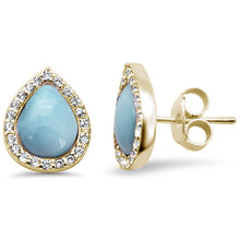 Load image into Gallery viewer, Sterling Silver Yellow Gold Plated Pear Halo Tear Drop Natural Larimar Earrings