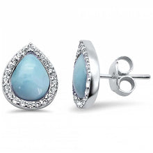 Load image into Gallery viewer, Sterling Silver Pear Halo Tear Drop Natural Larimar Earrings
