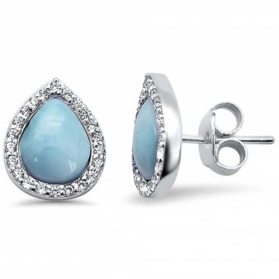 Sterling Silver Pear Halo Tear Drop Natural Larimar Earrings