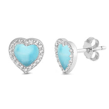 Load image into Gallery viewer, Sterling Silver Natural Larimar &amp; Cz Heart Stud Earrings