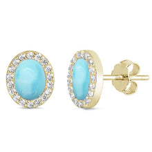 Load image into Gallery viewer, Sterling Silver Yellow Gold-Plated Natural Larimar &amp; Cubic Zirconia Oval Stud Earrings