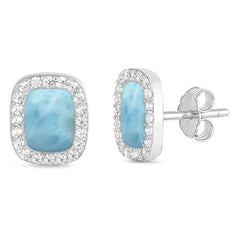 Sterling Silver Natural Larimar & Cubic Zirconia Princess Stud Earrings