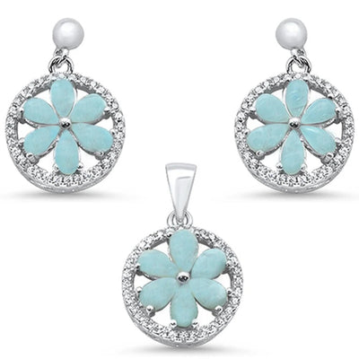 Sterling Silver Natural Larimar And Round Cubic Zirconia Pendant And Earring Set