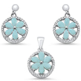 Sterling Silver Natural Larimar And Round Cubic Zirconia Pendant And Earring Set