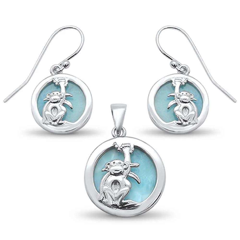 Sterling Silver Natural Round Larimar With Monkey Design Earring And Pendant Set