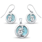 Sterling Silver Natural Round Larimar With Monkey Design Earring And Pendant Set