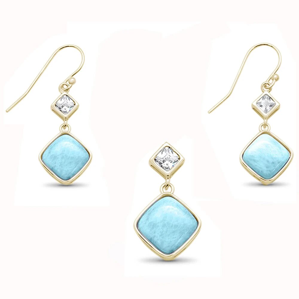 Sterling Silver Yellow Gold Plated Natural Princess Cut Larimar And Cubic Zirconia Dangling Pendant And Earring Set