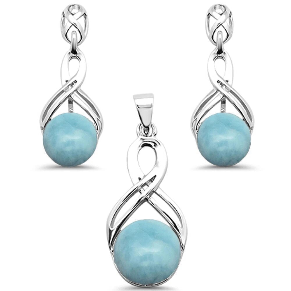 Sterling Silver Round Natural Larimar Infinity Drop Dangle Earring And Pendant Set