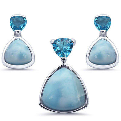 Sterling Silver Trillion Shape Natural Larimar Earring And Pendant Set