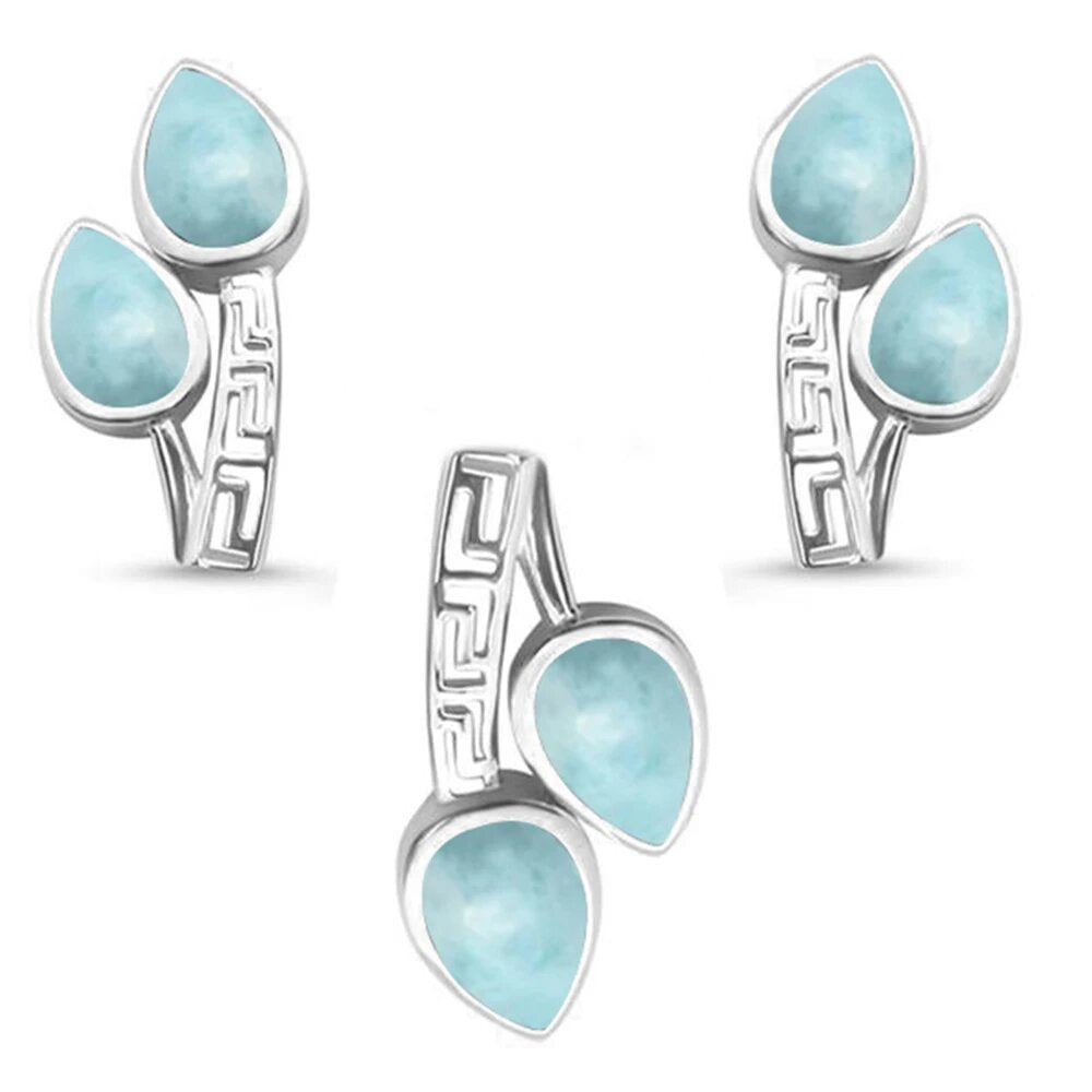 Sterling Silver Natural Larimar Design Pendant And Earring Set