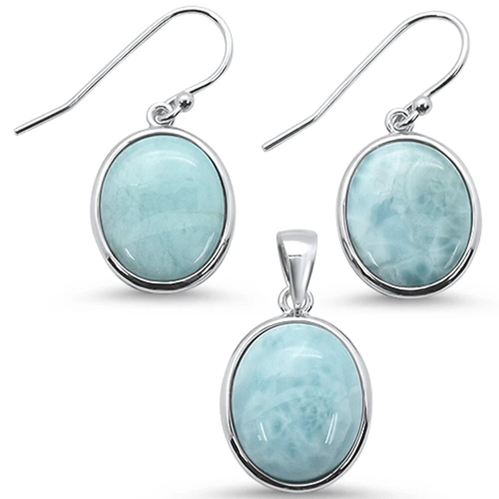 Sterling Silver Oval Natural Larimar Earring And Pendant Set