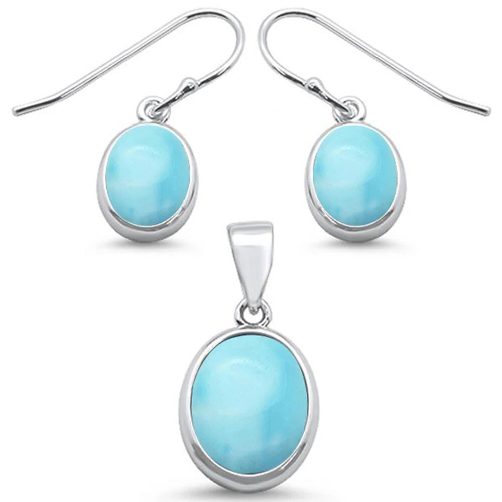 Sterling Silver Oval Natural Larimar Design Pendant And Earring Set