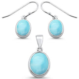 Sterling Silver Oval Natural Larimar Design Pendant And Earring Set