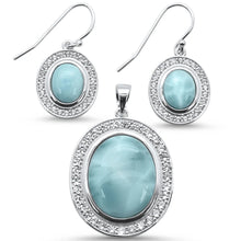 Load image into Gallery viewer, Sterling Silver Natural Larimar And Cubic Zirconia Oval Earring And Pendant Set